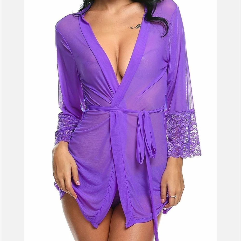 Sexy Women Lace Robe Kimono Mesh Babydoll Lingerie Nightgown Sleepwear Set US